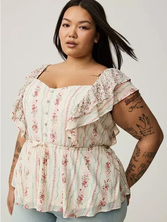 torrid Tops - Torrid Ruffle Cinched Blouse Cream Floral Peplum Top